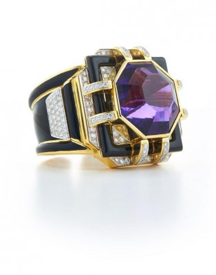 #DAVID WEBB #Octagonal-cut Amethyst #Diamonds #Black Enamel #18K Gold #Platinum