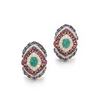 #DAVID WEBB #Pair of gem set and diamond ear clips