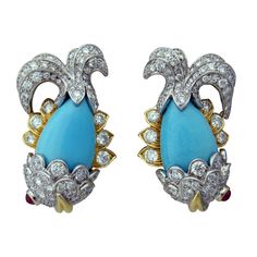 #DAVID WEBB #Turquoise #Diamond #Diamant #Earrings #Boucles d'oreilles #Platinum #Platine