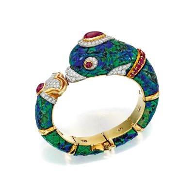 #DAVID WEBB #gold #enamel #Azurite-Mlachite #diamond #ruby #bracelet