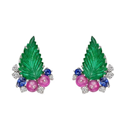 RAYMOND C. YARD-saphir-émeraude-rubis-diamant-boucles d'oreilles