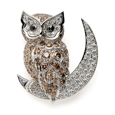 Chouette sur la lune avec diamants blancs et bruns - Owl on Moon with White and Brown Diamonds, 2016