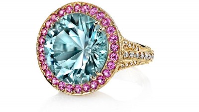 #ERICA COURTNEY #18K Yellow Gold “Cathedral” ring #Aquamarine #pink Sapphire #Diamonds