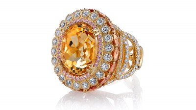 #ERICA COURTNEY #18K Yellow Gold “Easter Egg” ring #14.64ct Topaz #pink Sapphire #peach Topaz #Diamonds