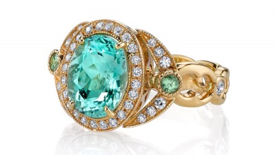 #ERICA COURTNEY #18K Yellow Gold “Eva” ring #3.07ct Paraíba Tourmaline #5.73ct Demantoid Garnet #Diamonds