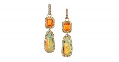 #ERICA COURTNEY #18K Yellow Gold “Fuego” earrings #Fire Opal #Boulder Opal #Demantoid Garnets #Diamonds