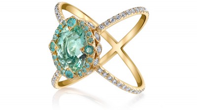 ERICA COURTNEY #18K Yellow Gold “Saturn” ring #mint Tourmaline #Paraíba Tourmaline #Diamonds