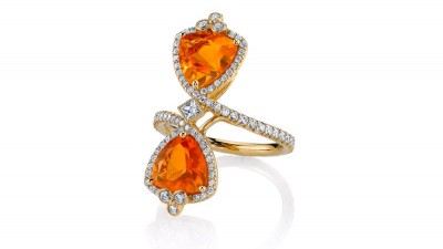 #ERICA COURTNEY #18K Yellow Gold “Toi et Moi” ring #pair of 3.12ct Mexican Fire Opal #Diamonds