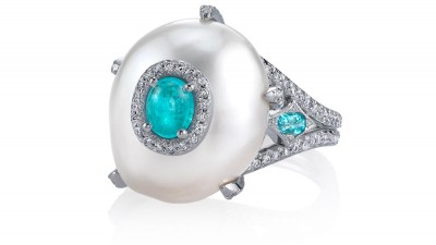 #ERICA COURTNEY #Platinum “Perola” ring #Baroque Pearl #Paraiba Tourmaline #Diamonds