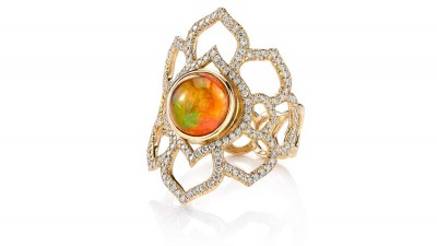 #ERICA KOURTNEY #18K Yellow Gold “Orchid” ring #Fire Opal cabochon #Diamonds