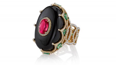 #Erica Courtney #18K Yellow Gold “Royal” ring #black Jade #Mahenge Spinel #Tsavorite Garnet #Diamonds