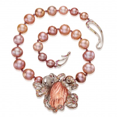 #NAOMI SARNA #CamelliaNecklace #PinkTopaz #Sapphires #Diamonds #Garnet #Zircon #Pearls #18kGold #Topaze rose #Saphirs #diamants #grenat #perles