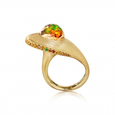 #NAOMI SARNA #Mexican Fire Opal #18-karat yellow Gold #orangey-brown Diamonds #Tsavorite Garnet
