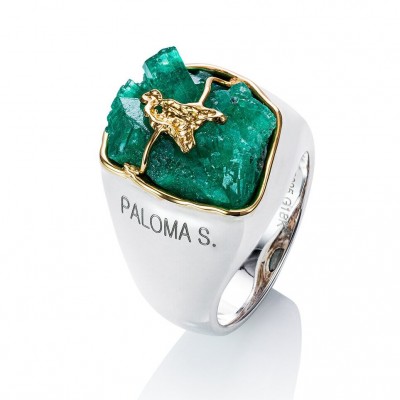 PALOMA SANCHEZ- ring-yellow gold-white gold plated-rough emerald -Muzo