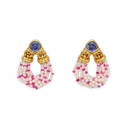 #BULGARI #Gold #Multi-Colored Sapphire #Ruby #Cultured Pearl #Earclips Or #Saphirs de couleur #Rubis #Perle de culture