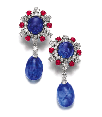 BULGARI-boucles d’oreilles-or gris-diamants-saphirs-rubis