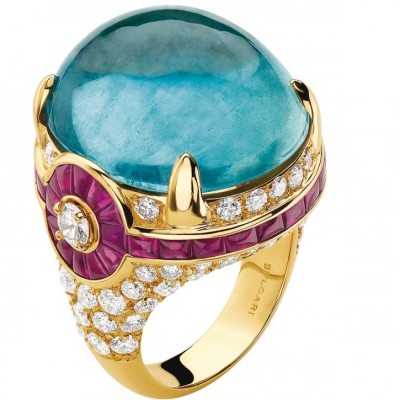 BULGARI-ring-gold-ruby-diamond-aquamarine cabochon
