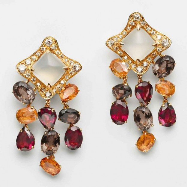 ANTONINI-roma-triple-earring-moonstone-sapphire-rhodolite-smoky quartz-champagne diamod