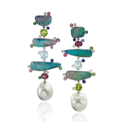 MARGOT MC KINNEY-totem_earrings_Australian boulder opals, tsavorite, sapphire, aquamarine-diamond.