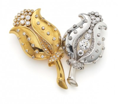 #RENE BOIVIN #Diamond and Gold Double Clip 'Tulip' Brooch