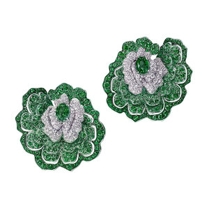 VANIA LELES-Enchanted+Garden-18+Karat-White+Gold-White+Diamonds-Emeralds-Earrings