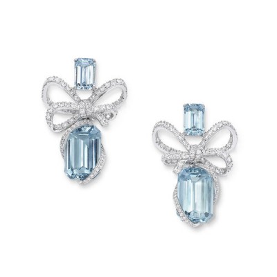 VANIA LELES-Lyla's+Bow-18+Karat-White+Gold-White+Diamonds-Aquamarine-Earrings