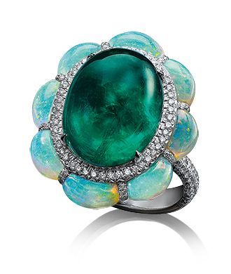 #CELLINI #Cabochon emerald #ring #Paved diamonds #opals #Emeraude #Diamants #opales