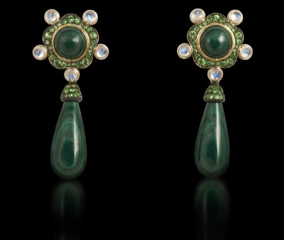 #JENNIFER RABE #Earrings #18 karat White Gold #Malachite #Moonstone #Green Garnet