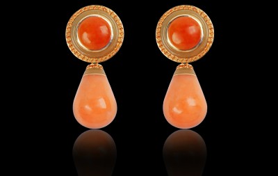 #JENNIFER RABE #Earrings #18 karat Yellow Gold #Spessartite garnets #Red Jade #Eosite drops