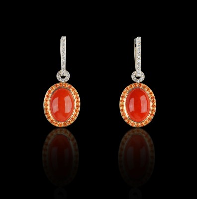 #JENNIFER RABE #Earrings #18 karat Yellow #White Gold #Spessartite garnets #Red Jade #White Diamonds