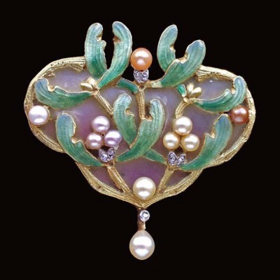 #ALBERT CHAMBIN #Art Nouveau #Mistltoe Brooch #Enamel #Pearls #Diamonds #God