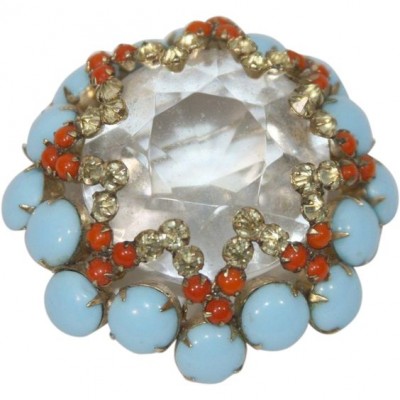 #SCHREINER #Large Domed Crystal #Turquoise #Coral #Cabochons #Pin