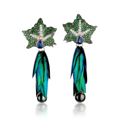 #SILVIA FURMANOVICH #18k gold #diamond #tsavorite #blue sapphire #South Sea pearl #beetle wings #earrings