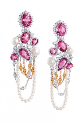 CHOW TAI FOOK #High Jewelry #earrings #pink diamonds #pearls #purple and red tourmalines