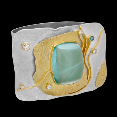 #FRIDA #Fine Jewellery #Shield™ Collection #Aquamarine #Cuff #Sterling Silver #Yellow Gold #Cabochon Cut Aquamarine #Bracelet #Aigue Marine
