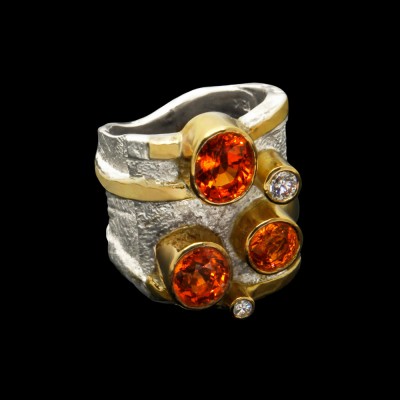 #FRIDA #Fine Jewellery #Shield™ Collection #Ring #Sterling Silver #Yellow Gold #Spessartites Garnets #Diamonds #Grenats Spessartite #Diamants