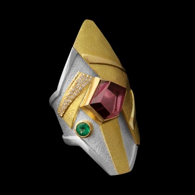#FRIDA #Fine Jewellery.#Shield™ Collection #Ring #Sterling Silve #18K Yellow Gold #Tourmaline Rubellite #Emerald #Diamonds #Emeraude #Diamants