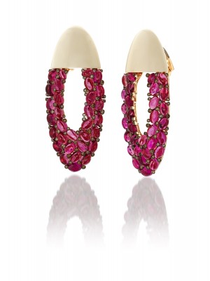 #FAWAZ GRUOSI #BouclesD’oreilles #Or #DiamantsBruns #Rubellite #IvoireDeMammouth #Gold #BrownDiamonds #Rubellites #MammothIvory #Earrings