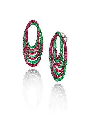 #FAWAZ GRUOSI #BouclesD’oreilles #OrBlanc #Emeraudes #Rubis #WhiteGold #Earrings #Emeralds #Rubies