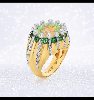 #HAMMERMAN #18 karat yellow gold #ring #opal #pearl prongs #tsavorites #diamond