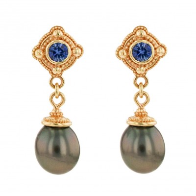 #KENT RAIBLE #18 Karat Gold #Blue Sapphire #Black Pearl #Dangle Earrings #Saphir #Pe