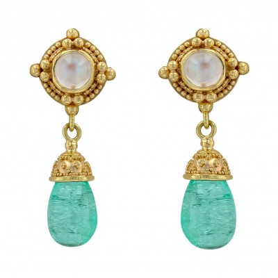 #KENT RAIBLE #18 Karat Gold #Moonstone #Dangle Earrings #Emerald #Gold Granulation #Pierre De Lune #Emeraude