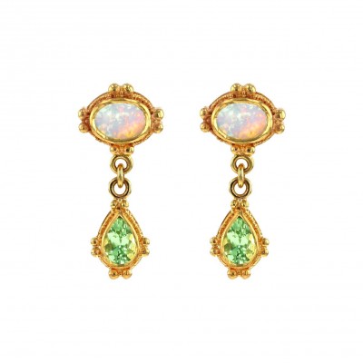 #KENT RAIBLE #18 Karat Gold #Opal #Green Garnet #Tsavorite #Dangle Earrings #Gold Granulation #Opale #Grenat Vert #Boucles d'oreilles