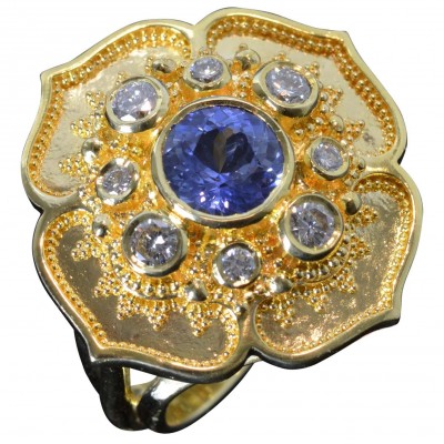 #KENT RAIBLE #Flower Cocktail Ring #18karat Gold Granulation #Sapphire #Diamond #Saphir #Diamant