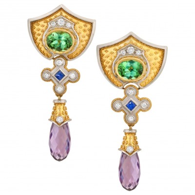 #KENT RAIBLE #Tourmaline #Amethyst #Blue Sapphire #Diamond #Chandelier Earrings #Améthyste #Saphir #Diamant