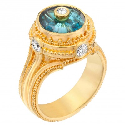 #KENT RAIBLE #Indicolite Tourmaline #Diamond #18K Gold Granulation #Cocktail Ring