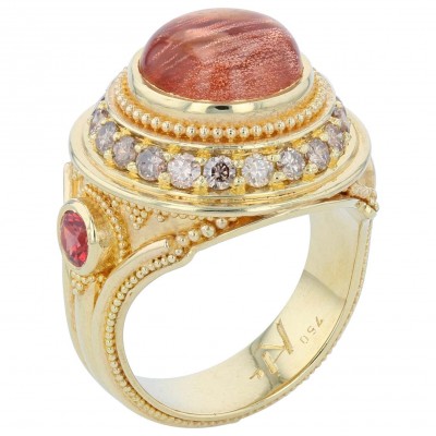 €KENT RAIBLE #Sunstone #Cocktail Ring #Cognac Diamonds #Granulation in 18 Karat Gold #Pierre de Soleil #Diamant