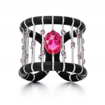 #FABIO SALINI #Carbon fibre #white gold #diamond #pink sapphire #rubellite #cuff bracelet #fibre de carbone #diamant #saphir rose
