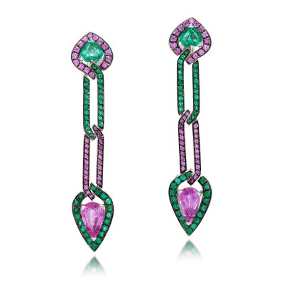 #FABIO SALINI #burnished gold #pink sapphire #emerald #earrings #or bruni #saphir rose #émeraude #boucles d'oreilles