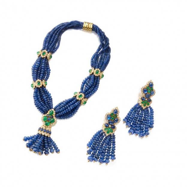 #GIOVANE #Sapphire #Emerald #Diamond #Necklace #Pair of Pendant-Earclips #Saphir #Emeraude #Diamant #Collier #Boucles d'oreilles